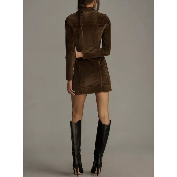 Anthropologie Pilcro Long-Sleeve Corduroy Slim Zip-Front Mini Dress Brown Size 6 - Picture 2 of 14